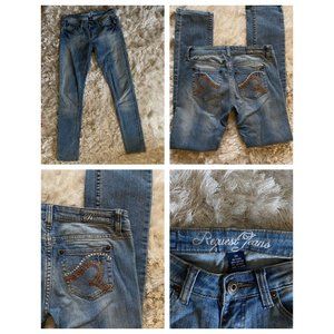 Request skinny jeans with rhinestone back pockets sz 26